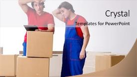  Presentation with personal belongings - Amazing slide set having belong - two young contractor employees moving backdrop and a white colored foreground