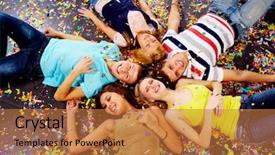  Presentation with friends - Cool new slides with below angle of happy friends backdrop and a  colored foreground