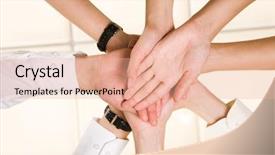  Presentation with unity - Presentation design having below view of business partners hands making pile as symbol of companionship and unity background and a lemonade colored foreground