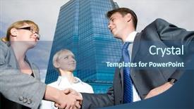  Presentation with leaders - Beautiful PPT theme featuring below view of leaders handshaking after signing contract backdrop and a ocean colored foreground