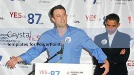  Presentation with press - Audience pleasing presentation design consisting of ben-affleck-and-barack-obama backdrop and a light blue colored foreground