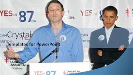  Presentation with press - Cool new slide deck with ben-affleck-and-barack-obama backdrop and a light blue colored foreground