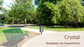  Presentation with green trees in park - Audience pleasing presentation theme consisting of bench in the park backdrop and a sky blue colored foreground