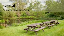  Presentation with picnic table and food - Audience pleasing presentation design consisting of benches on a lawn backdrop and a mint green colored foreground