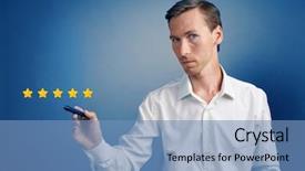  Presentation with five star - Beautiful PPT layouts featuring benchmarking concept man assesses service backdrop and a teal colored foreground