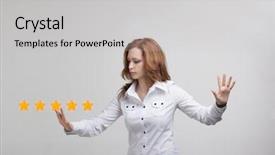  Presentation with five star - Cool new PPT theme with benchmarking concept woman assesses service backdrop and a light gray colored foreground