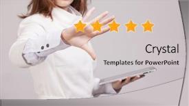  Presentation with five star - Presentation theme consisting of benchmarking concept woman assesses service background and a light gray colored foreground
