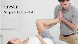  Presentation with stretching - PPT layouts enhanced with bended knees - doctor stretching the leg background and a white colored foreground