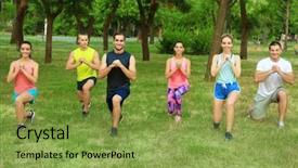  Presentation with elderly people and exercise - PPT theme consisting of bended knees - group of young people doing background and a seafoam green colored foreground