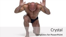  Presentation with business intelligence white robotic arm - Beautiful slides featuring bended knees - muscular man bending on knee backdrop and a light gray colored foreground