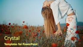  Presentation with poppies - Colorful presentation theme enhanced with bending blond young woman in field of poppies in summer backdrop and a tawny brown colored foreground
