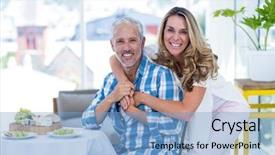  Presentation with cheerful - Slide set with bending glass - portrait of cheerful woman embracing background and a  colored foreground