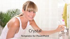  Presentation with obesity cartoon feet on bathroom - Slide deck having bending glass - woman in bathroom background and a  colored foreground