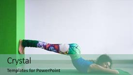  Presentation with practice in hospital - PPT theme with benefits exercise - young woman practice yoga indoor background and a  colored foreground