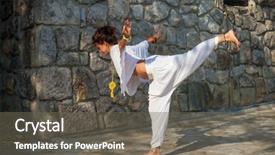  Presentation with body balance - Amazing slide deck having benefits exercise - young woman practice yoga outdoor backdrop and a gray colored foreground