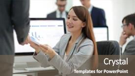  Presentation with leadership graphics - Presentation theme with benefits girl planning - young beautiful woman examines graphics background and a  colored foreground