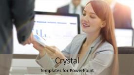  Presentation with 3d graphics - Cool new presentation theme with benefits girl planning - young beautiful woman examines graphics backdrop and a  colored foreground