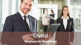  Presentation with laptop - PPT theme consisting of benevolence - happy young businessman using laptop background and a  colored foreground