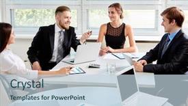  Presentation with young business people - Amazing slide set having benevolence - young business people discuss backdrop and a sky blue colored foreground