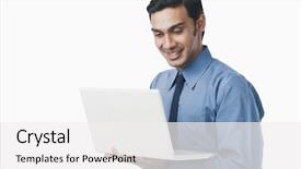  Presentation with laptop - PPT layouts enhanced with bengali businessman using a laptop background and a white colored foreground