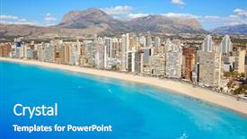  Presentation with aerial - Slide set consisting of benidorm levante beach aerial view in alicante spain background and a teal colored foreground