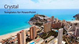  Presentation with mediterranean - Theme with benidorm poniente beach in alicante mediterranean of spain background and a light blue colored foreground