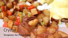  Presentation with food potato chips crisps snacks - Theme consisting of bento - eggs benedict and diced fried background and a red colored foreground