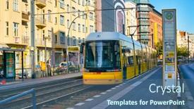  Presentation with tram - Colorful slide set enhanced with berlin-germany-circa-september-2019 backdrop and a ocean colored foreground