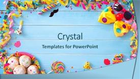  Presentation with birthday party - Audience pleasing slide set consisting of berliner or donuts with streamers backdrop and a light blue colored foreground