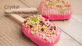  Presentation with chocolate ice cream - Beautiful PPT theme featuring berry-ice-cream-with-chocolate backdrop and a coral colored foreground