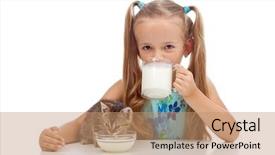  Presentation with growing up milk - Audience pleasing PPT theme consisting of best buddies drinking milk together - little girl and her kitten backdrop and a coral colored foreground