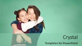  Presentation with teenage abstract - PPT theme consisting of best class - happy teenage girls hugging background and a mint green colored foreground