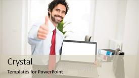  Presentation with laptop blank screen - Colorful slides enhanced with best computer - smiling businessman showing a laptop backdrop and a soft green colored foreground