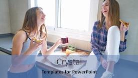  Presentation with teen girls - Beautiful presentation theme featuring best friend teen girls eating pizza in the kitchen at lunch having fun backdrop and a teal colored foreground