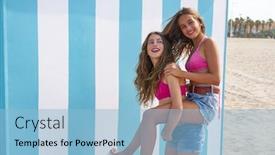  Presentation with best - Cool new PPT theme with best friends girls piggyback in summer beach with blue stripes background backdrop and a light blue colored foreground