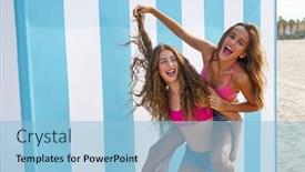  Presentation with best - Theme with best friends girls piggyback in summer beach with blue stripes background background and a light blue colored foreground