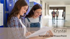  Presentation with college campus - Cool new slides with best-friends-sharing-notes-standing backdrop and a mint green colored foreground