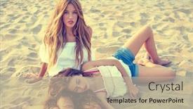  Presentation with teen girls - Amazing PPT theme having best friends teen girls together relaxed on a beach sand at sunset backdrop and a mint green colored foreground