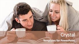  Presentation with young happy couple - Colorful slide deck enhanced with best hotel room - young happy couple drinking coffee backdrop and a  colored foreground
