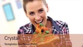  Presentation with pizza lasagna - PPT theme with best house - beautiful young woman eating pizza background and a coral colored foreground