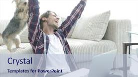  Presentation with living room - Beautiful slides featuring best house - happy guy rejoicing and raising backdrop and a  colored foreground