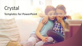  Presentation with television watching - Audience pleasing presentation design consisting of best movie - people children television friends backdrop and a cream colored foreground