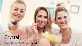  Presentation with gender equality parity empower women - Amazing PPT theme having best movie - three beautiful young women watching backdrop and a coral colored foreground