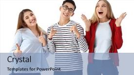  Presentation with cartoon black white people - Cool new PPT theme with best posing - young smiling people on white backdrop and a  colored foreground