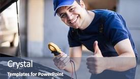  Presentation with electronic mechanic components - Presentation having best solution - smiling mechanic troubleshooting a car background and a ocean colored foreground