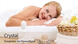  Presentation with senior spa - PPT theme featuring best spa - senior woman lying on massage background and a lemonade colored foreground