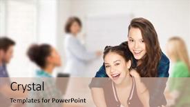  Presentation with middle school teens leisure activities - PPT theme with best teacher - happy pretty teenage girls having background and a lemonade colored foreground