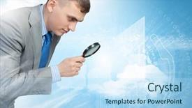  Presentation with rock paintings magnifier - PPT layouts enhanced with best virus - image of businessman examining objects background and a  colored foreground