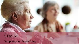  Presentation with tea party - Slide set featuring head and shoulders portrait of beautiful senior woman having tea party in lovely cafe and playing cards with her best friend background and a coral colored foreground