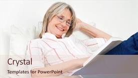  Presentation with book - PPT theme enhanced with books glasses - happy senior woman reading background and a lemonade colored foreground